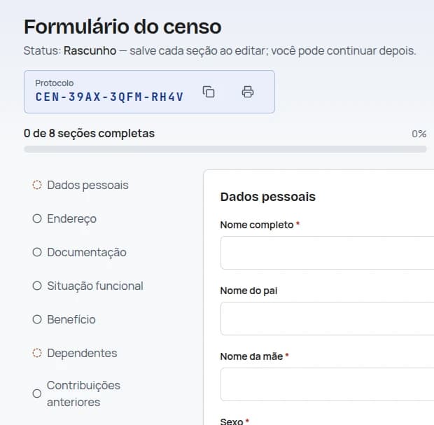 Formulário do censo: 8 seções e progresso